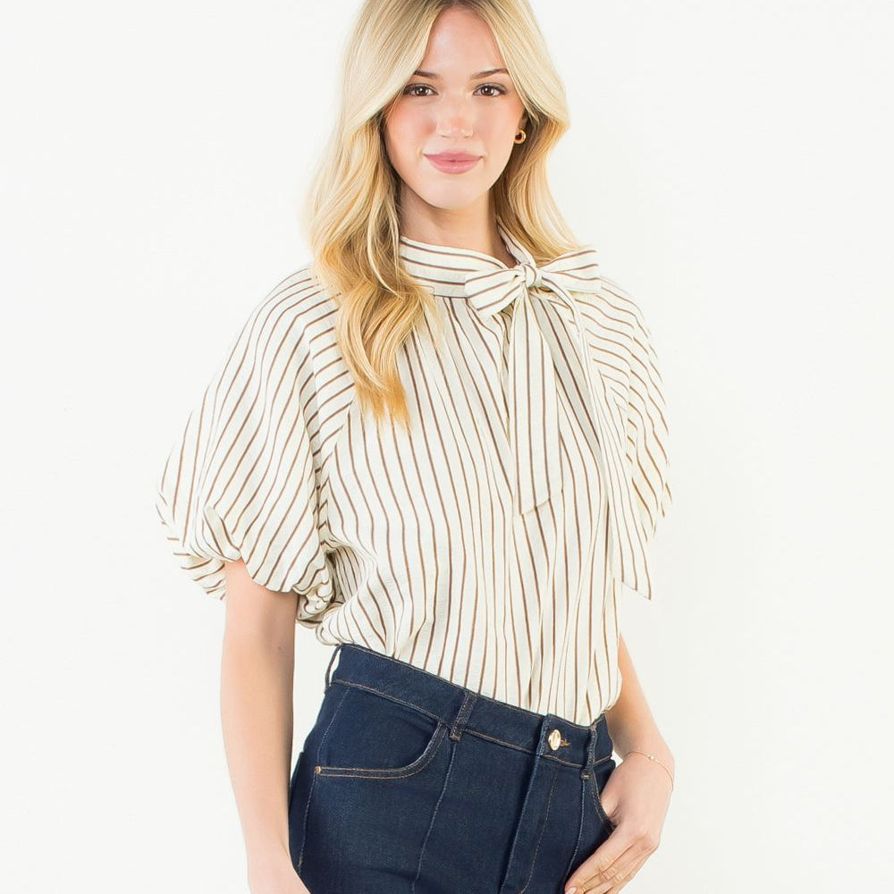 Puff Sleeve Vertical Stripe Top Bow Detail Brown