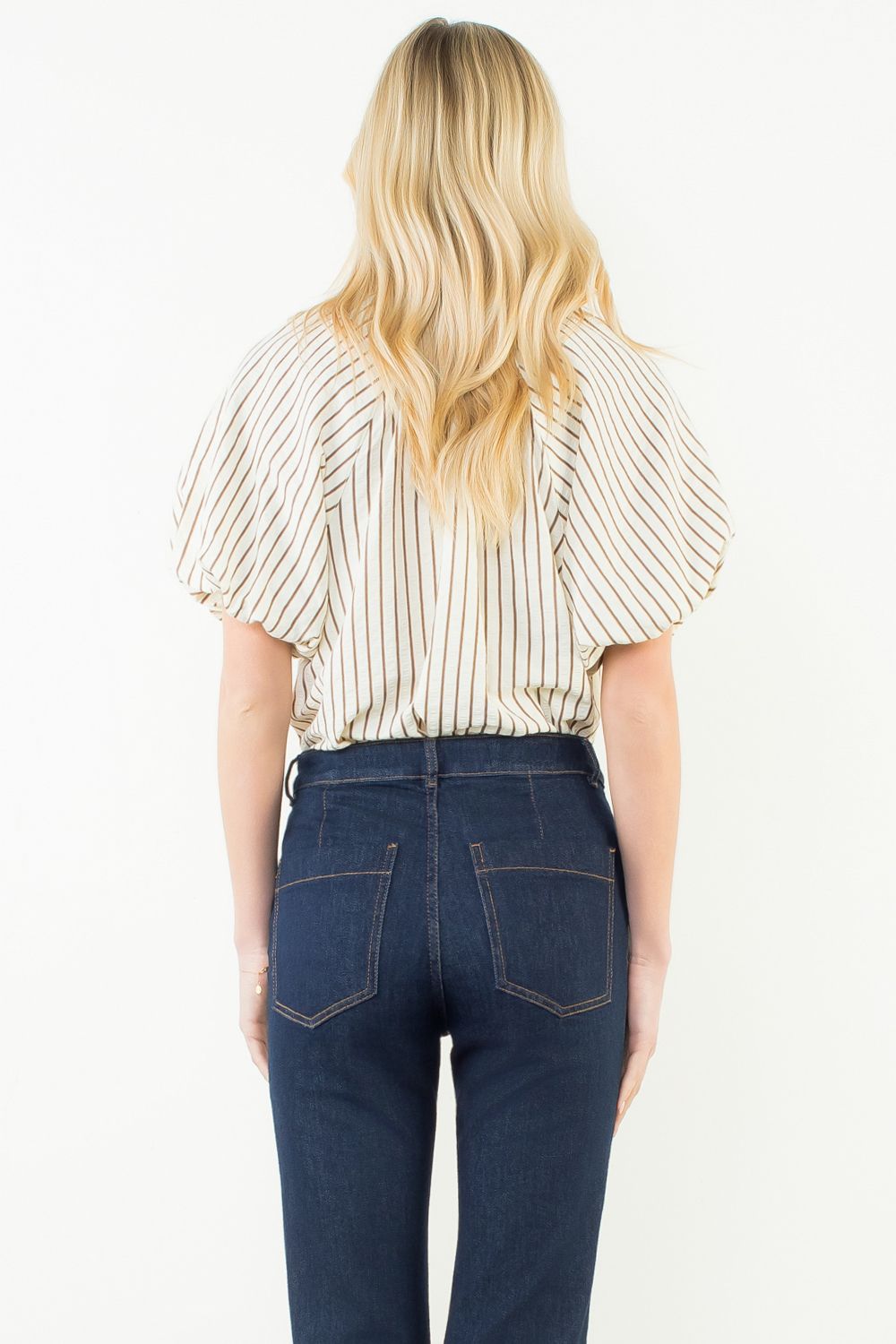 Puff Sleeve Vertical Stripe Top Bow Detail Brown