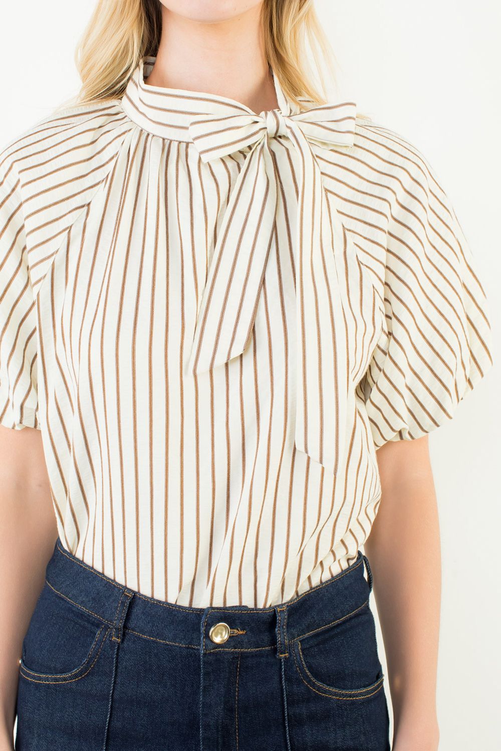 Puff Sleeve Vertical Stripe Top Bow Detail Brown
