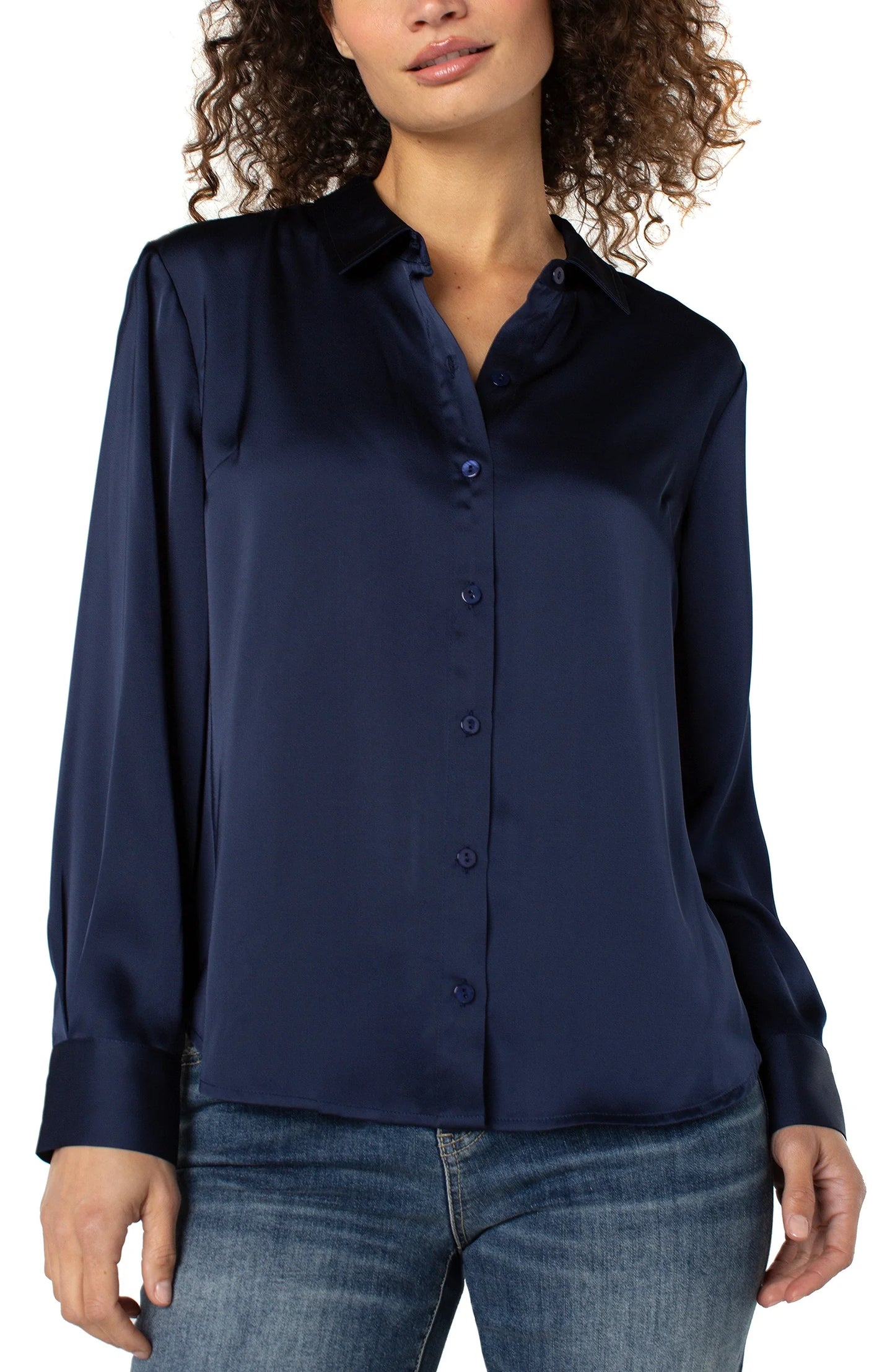 Long Sleeve Button Front Woven Shirt Dark Navy