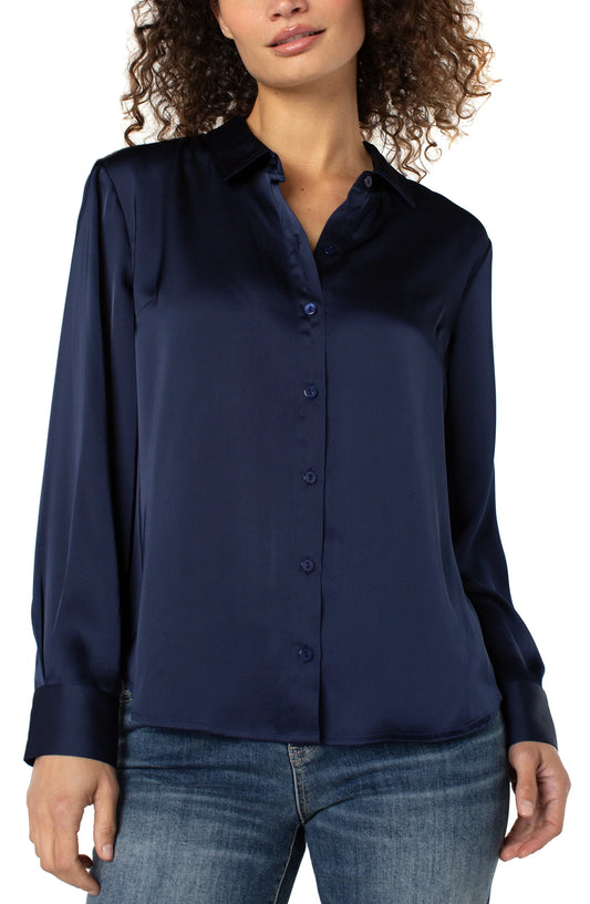 Long Sleeve Button Front Woven Shirt Dark Navy