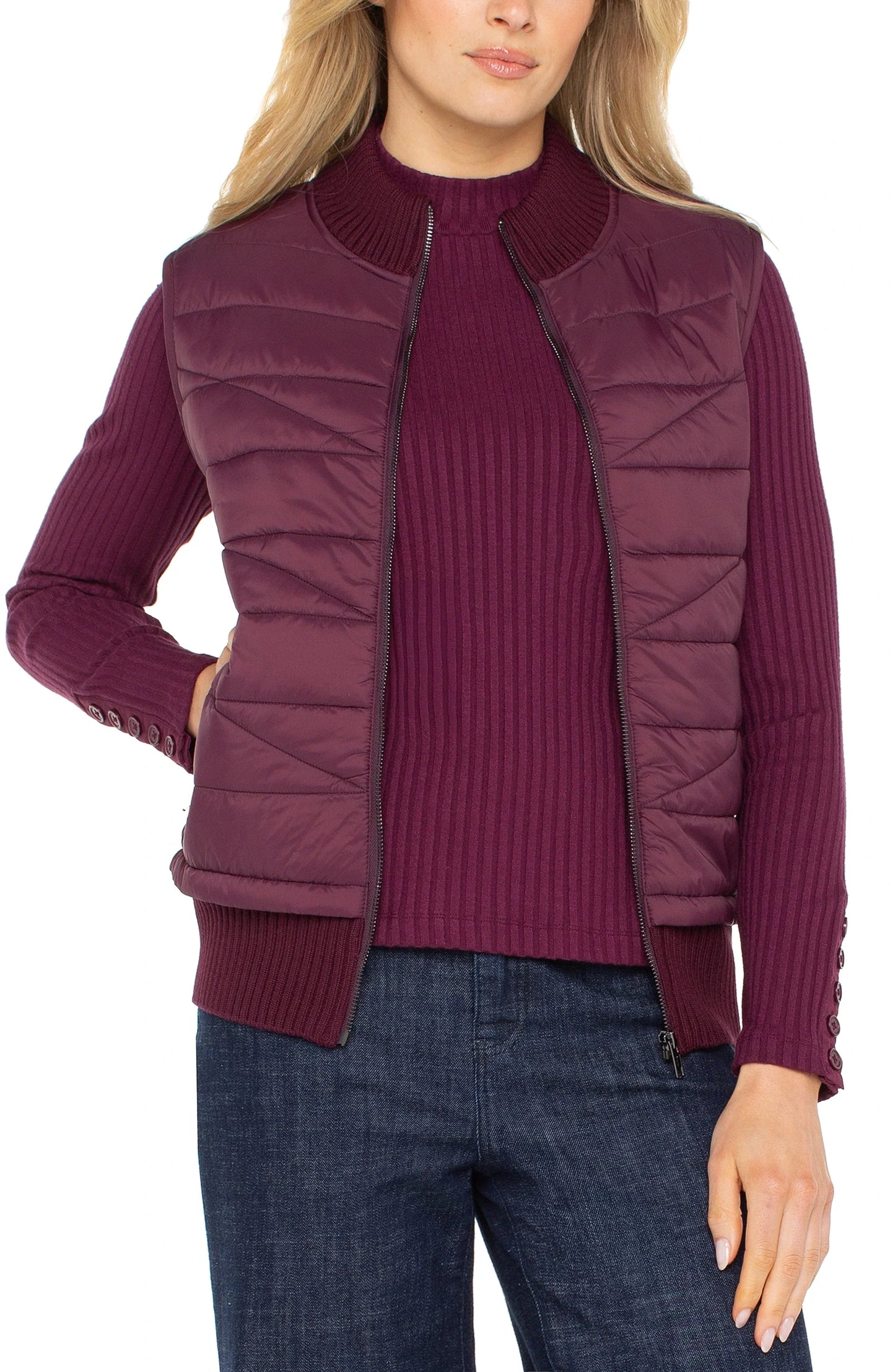 Sleeveless Quilted Full Zip Sweater Vest Wine Berry