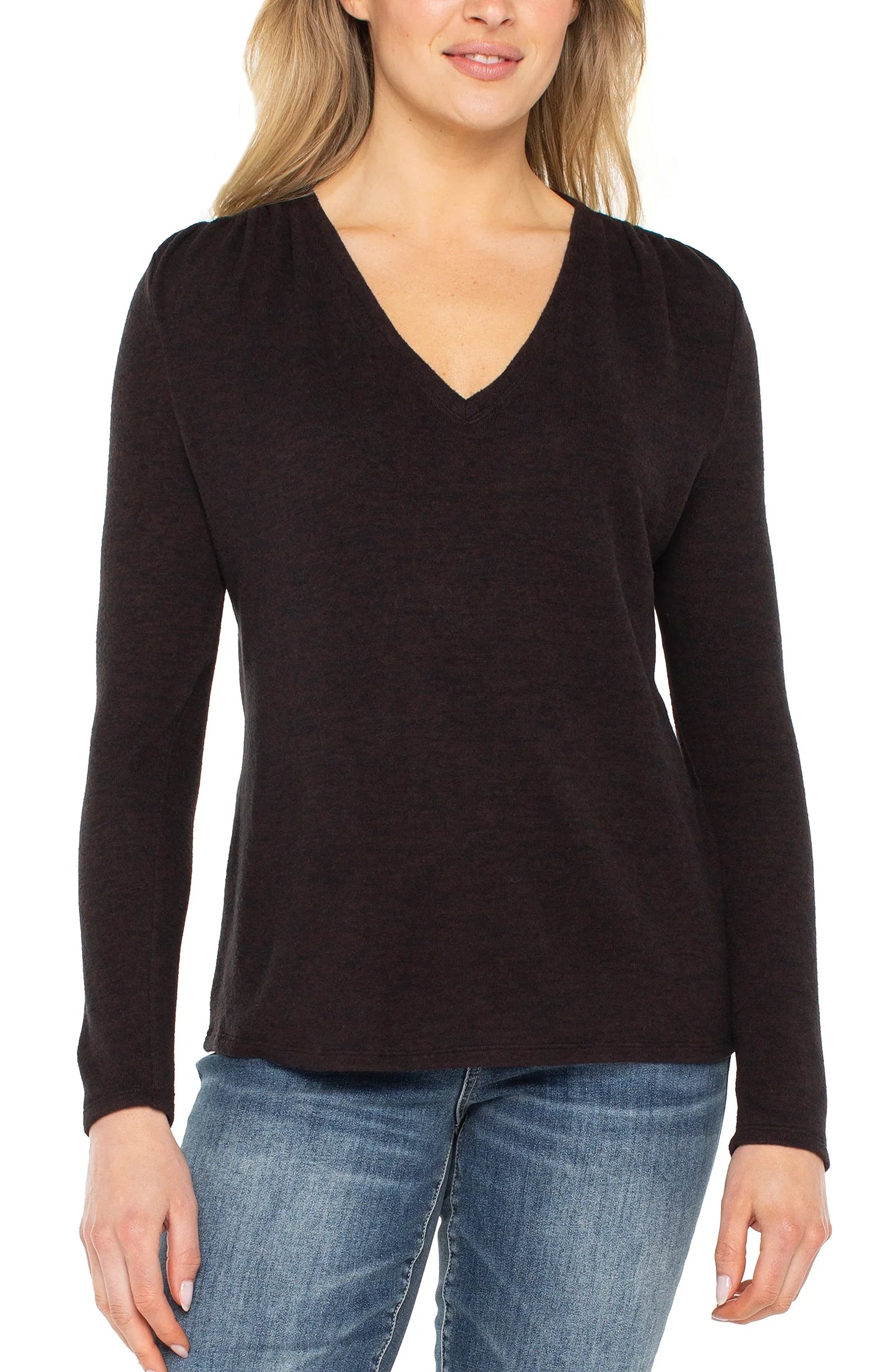 Long Sleeve V-neck Knit Top W/ Shirring Java Melange