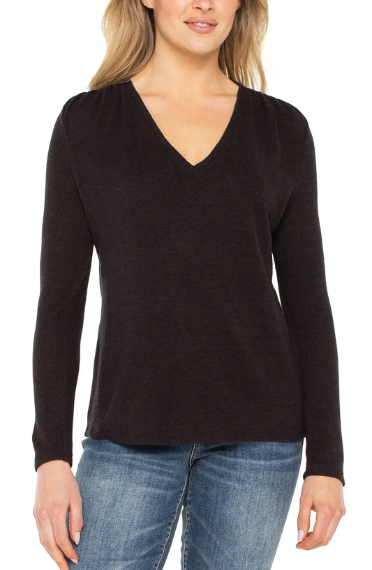 Long Sleeve V-neck Knit Top W/ Shirring Java Melange