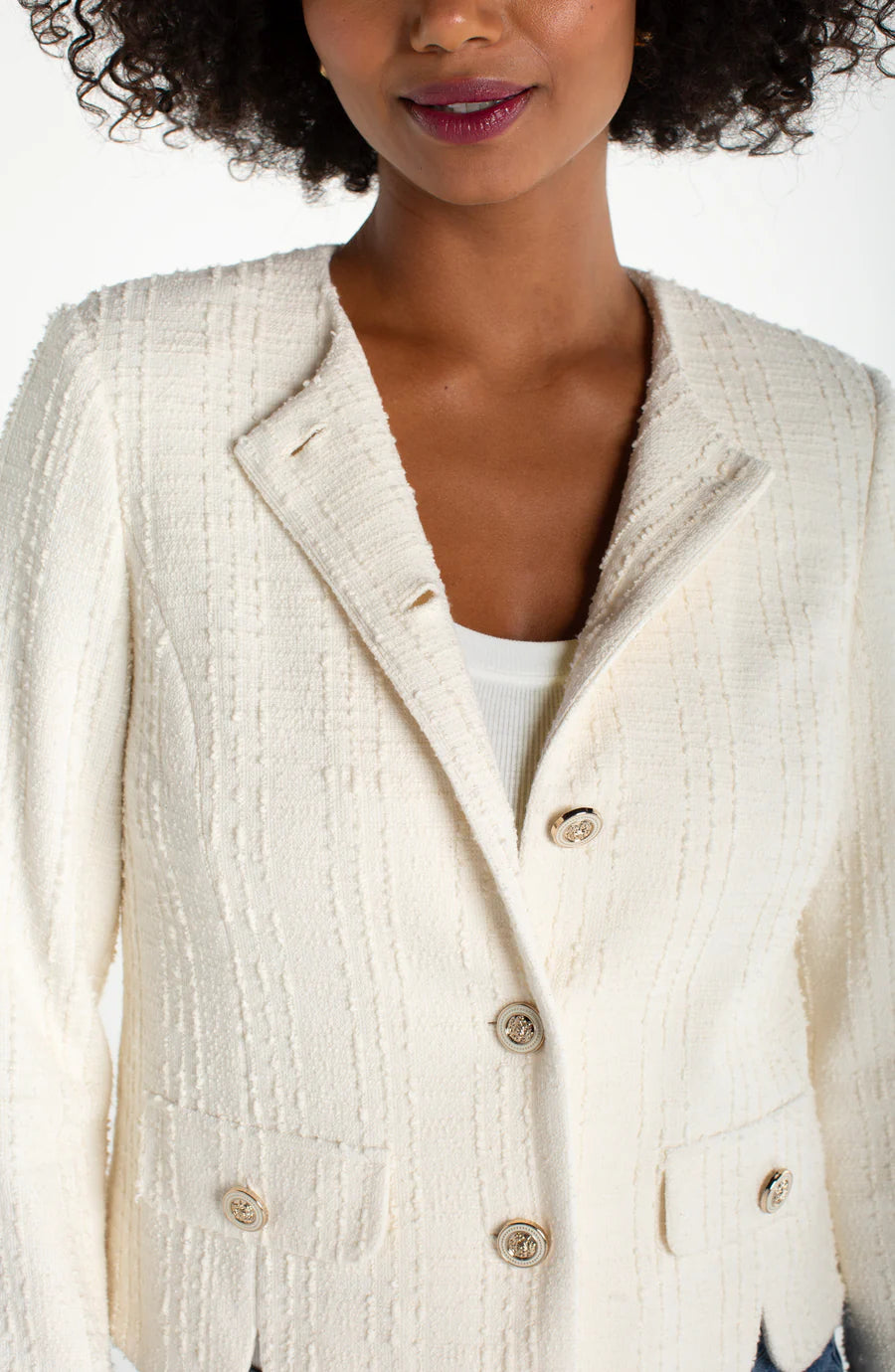 Collarless Jacket w/ Scallop Detail Cream Boucle