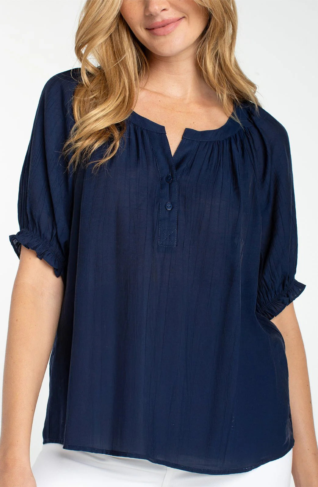 Short Sleeve Half Placket Blouse- Navy
