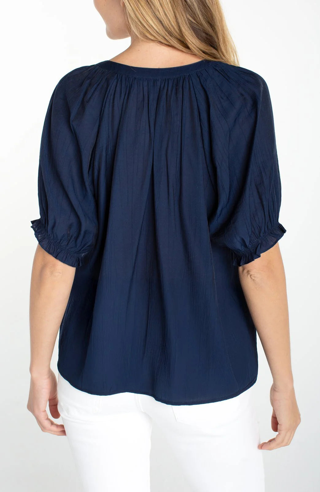 Short Sleeve Half Placket Blouse- Navy