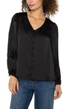 V-neck Pleated Detail Woven Top Black
