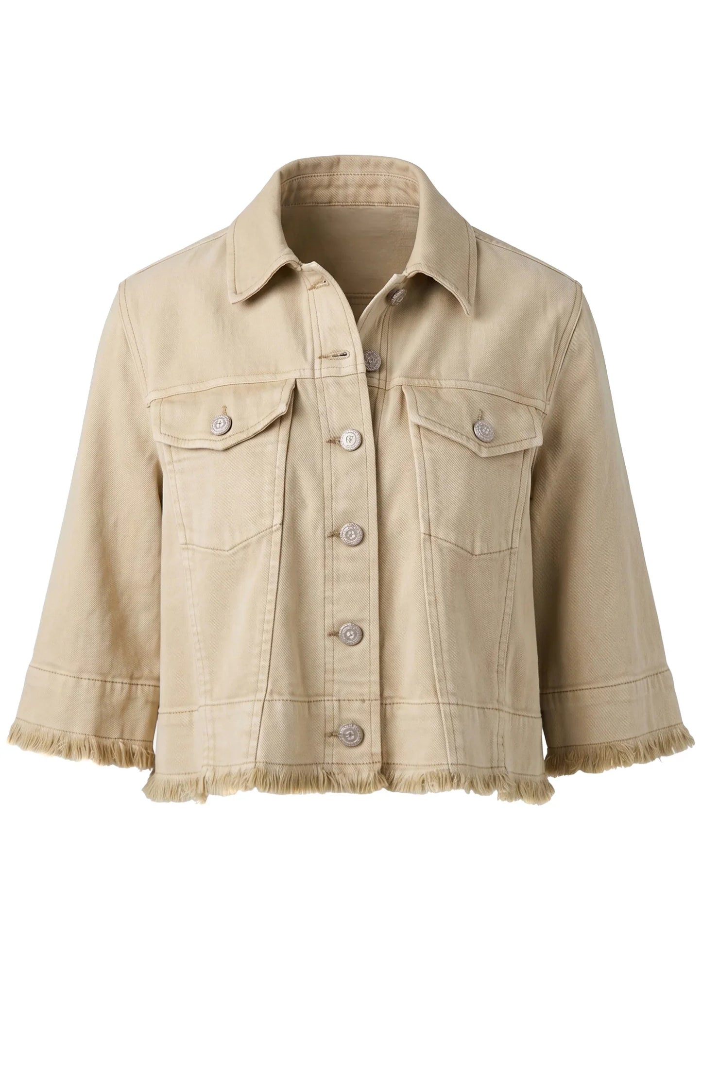 3/4 Sleeve Frayed Flounce Jacket- Light Khaki