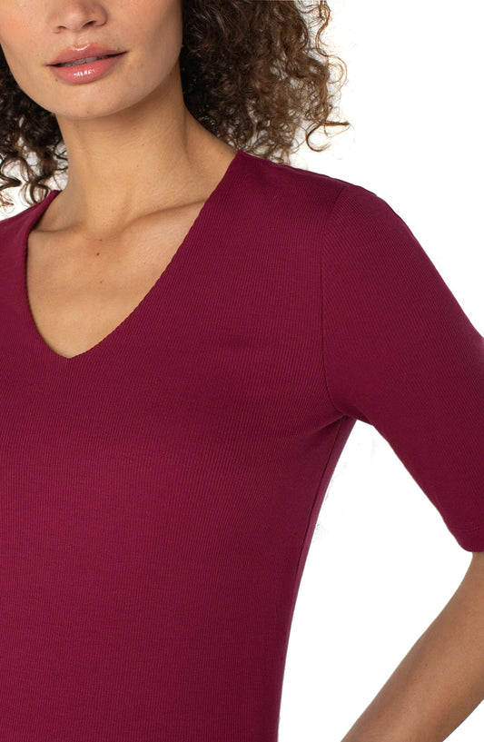 Double Layer V-neck Rib Knit Top Cherry