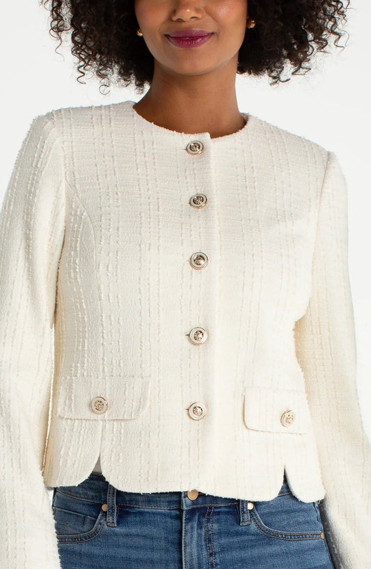 Collarless Jacket w/ Scallop Detail Cream Boucle