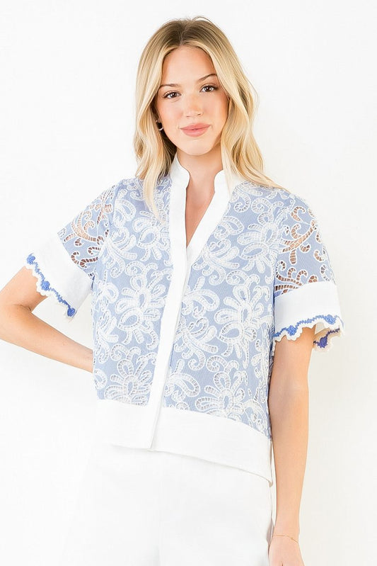 Short Sleeve Lace Detailing V-Neck Top