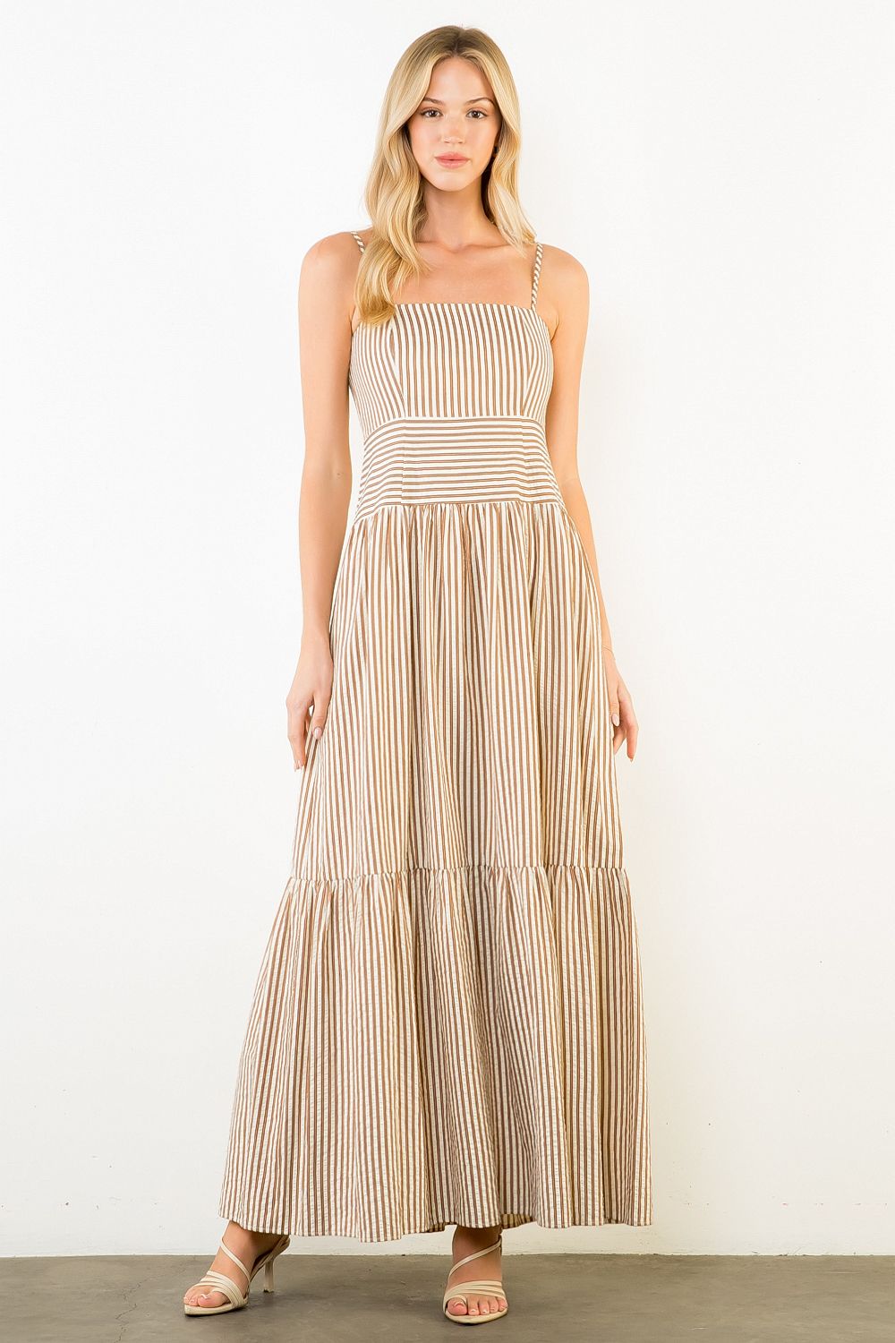 Thin Strap Striped Textured Tiered Dress
