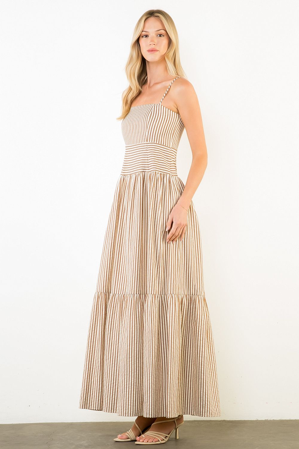 Thin Strap Striped Textured Tiered Dress