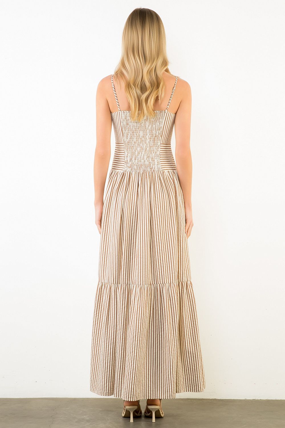 Thin Strap Striped Textured Tiered Dress