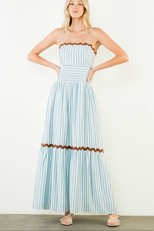 Thin Strap Striped Pattern Tiered Maxi Dress
