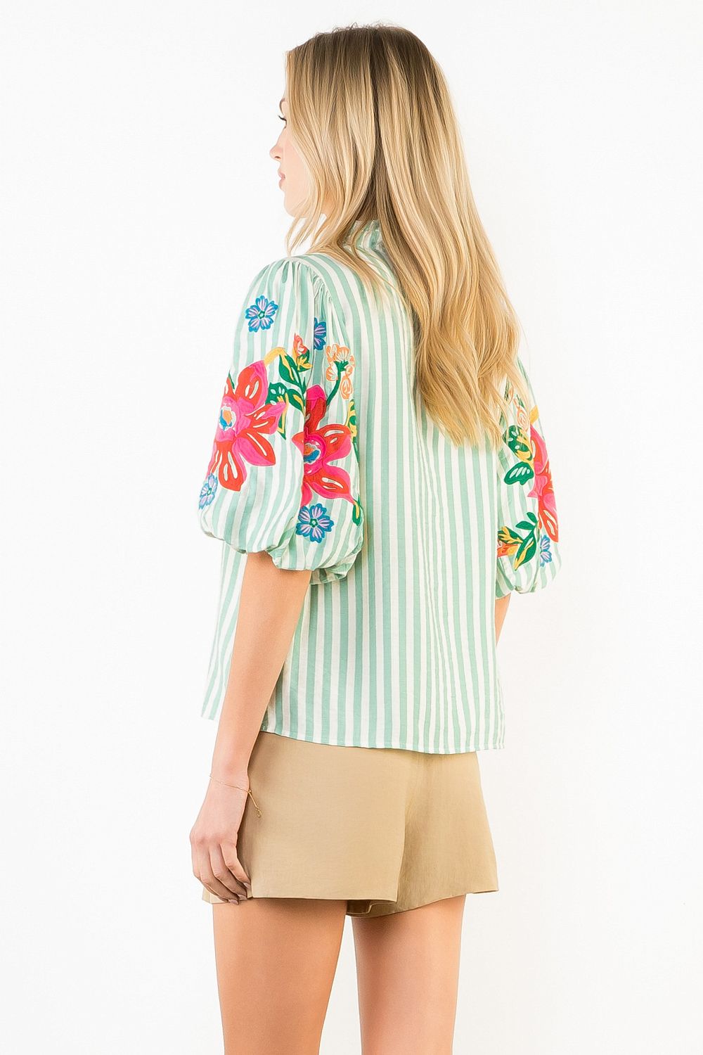 Puff Sleeve Floral Embroidery Striped Top
