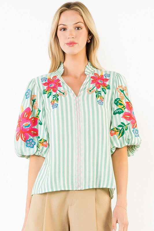 Puff Sleeve Floral Embroidery Striped Top
