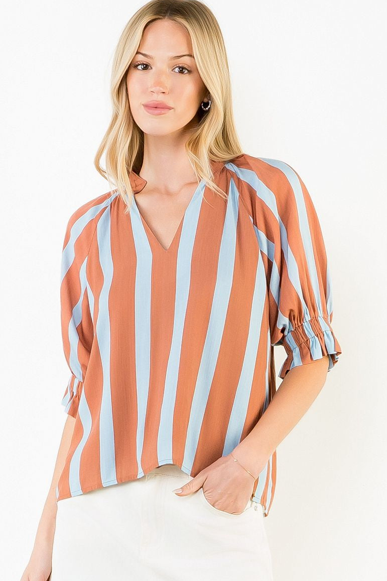 Short Sleeve Striped V-Neck Top