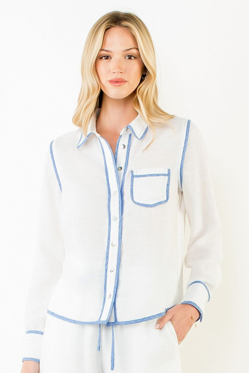 Long Sleeve Contrast Trim Button Up Top