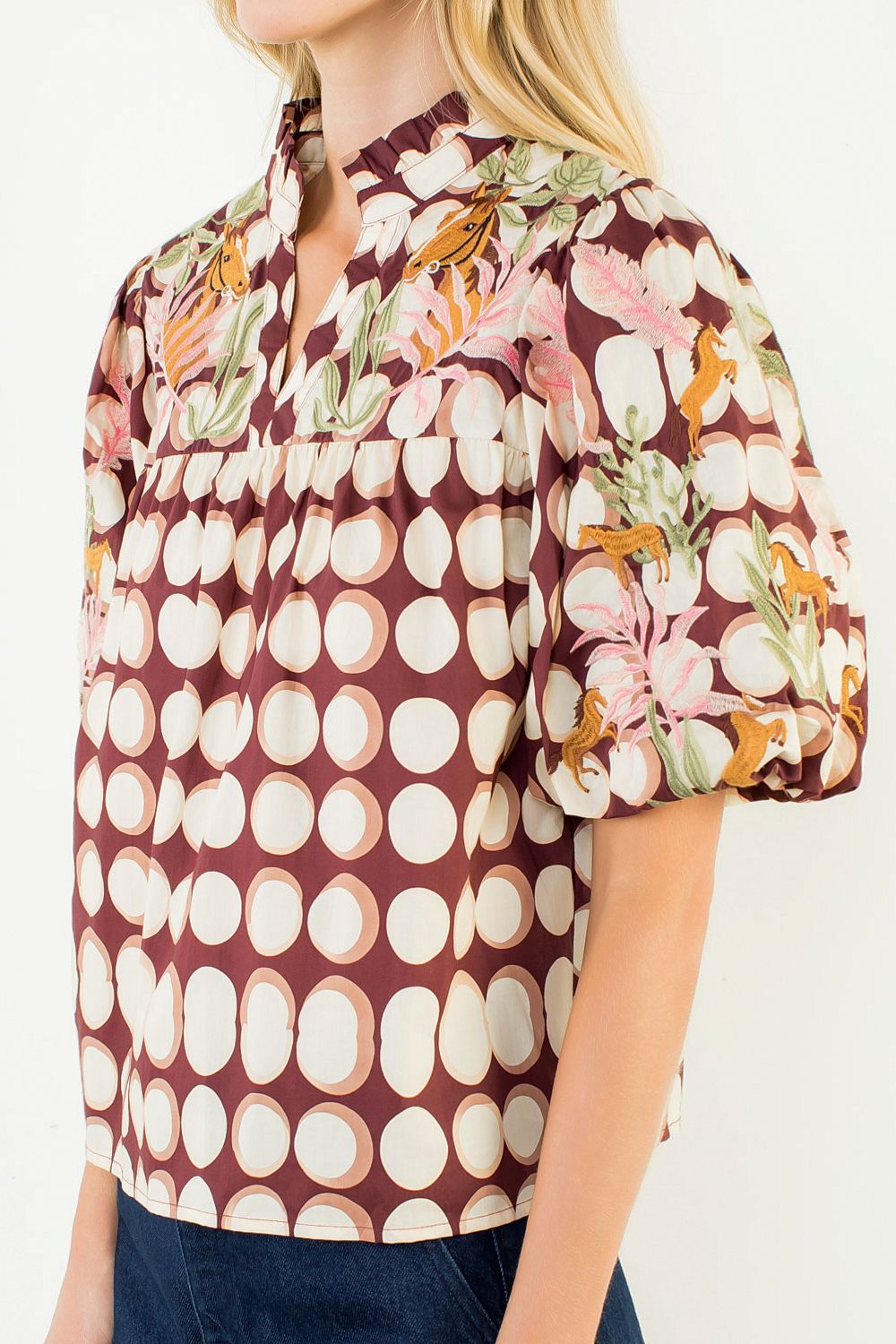 Puff Sleeve Embroidery Equestrian Top