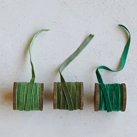 Set/3 Green Velvet Ribbon on Wood Spool