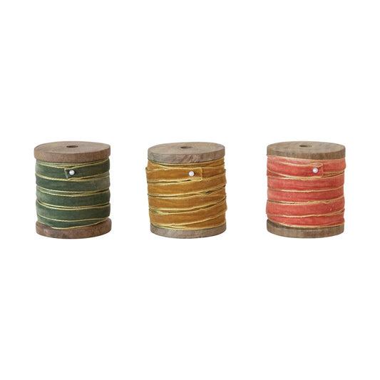 Set/3 Muted Velvet Ribbon on Wood Spool