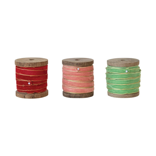 Set/3 Bright Velvet Ribbon on Wood Spool