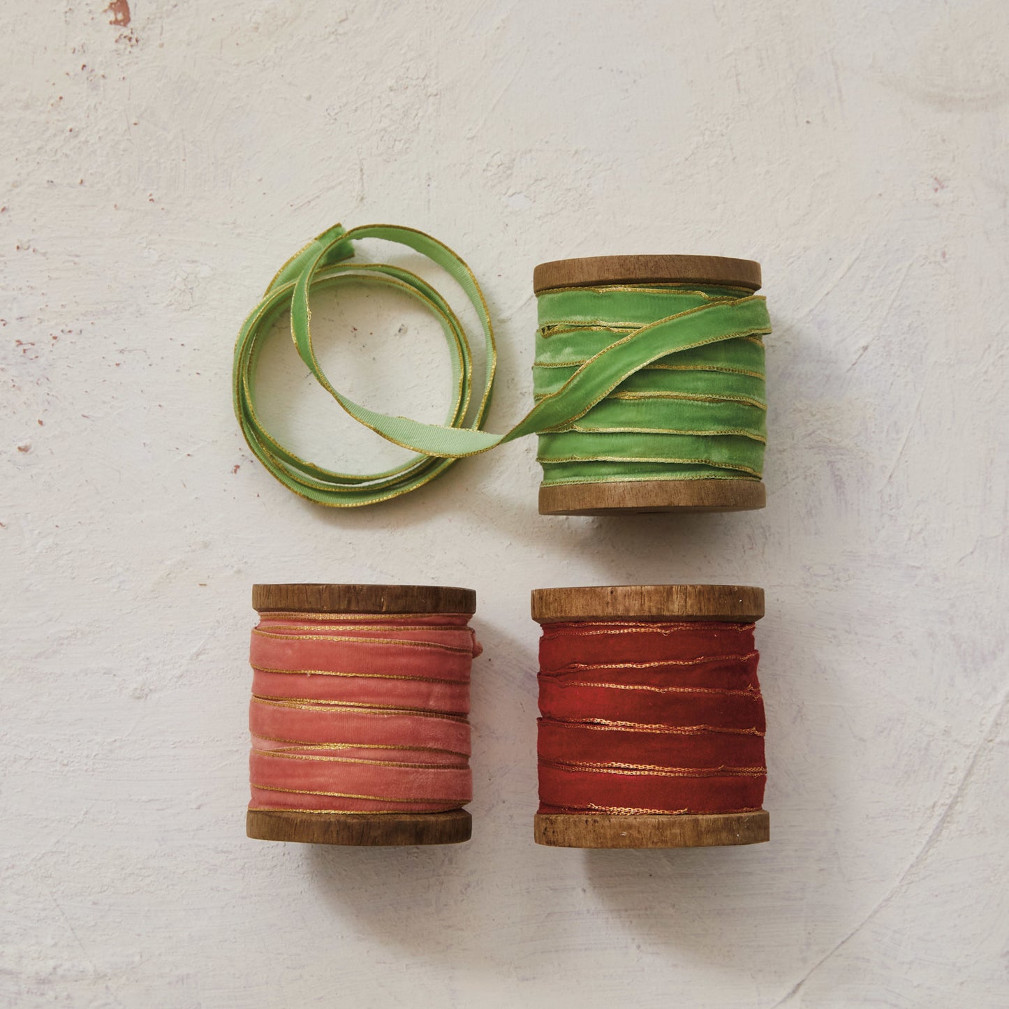 Set/3 Bright Velvet Ribbon on Wood Spool