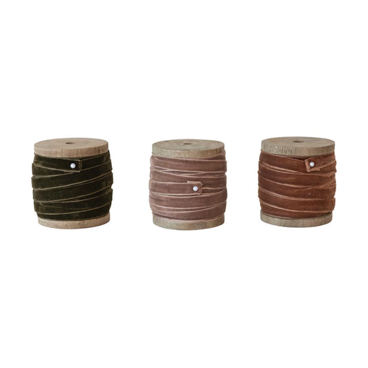 Set/3 Earth Tones Velvet Ribbon on Wood Spool