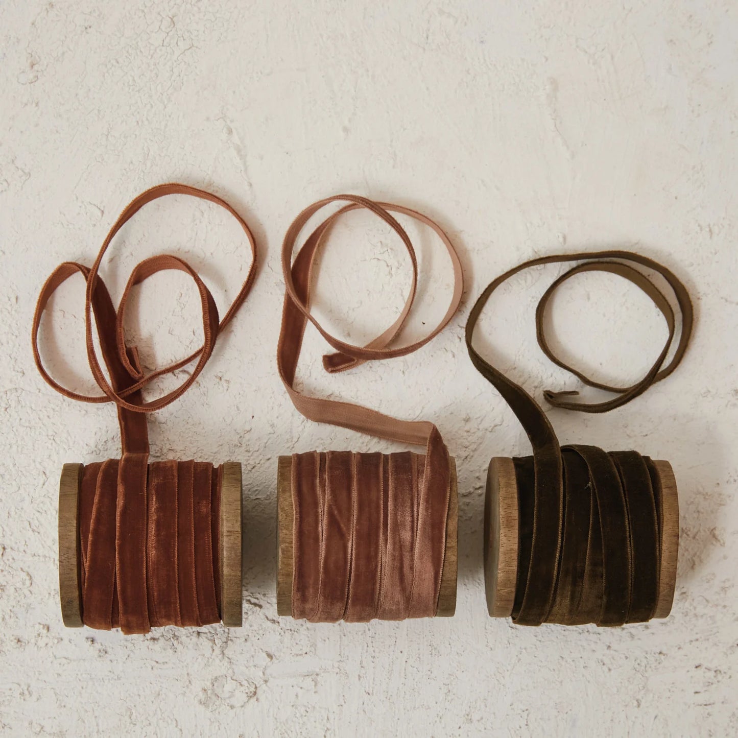 Set/3 Earth Tones Velvet Ribbon on Wood Spool