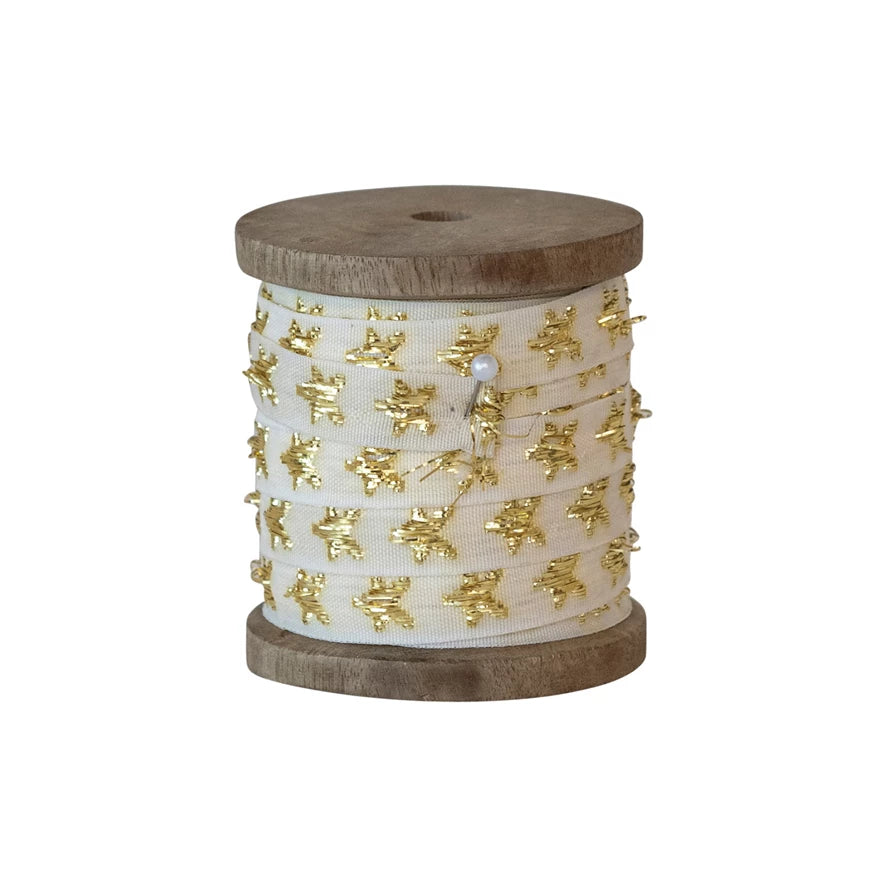 Metallic Stars 10 Yard Fabric Ribbon on Wood Spool