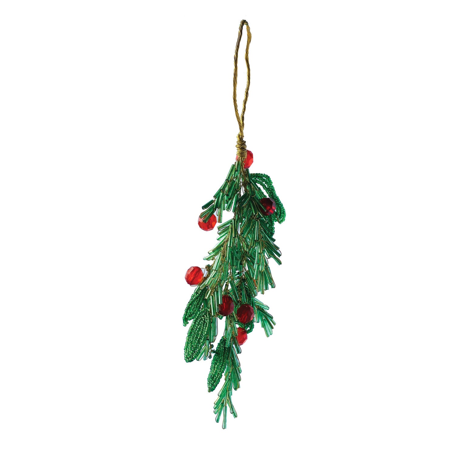Glass Bead & Wire Mistletoe & Berries Ornament, Green, Red & Gold Finish