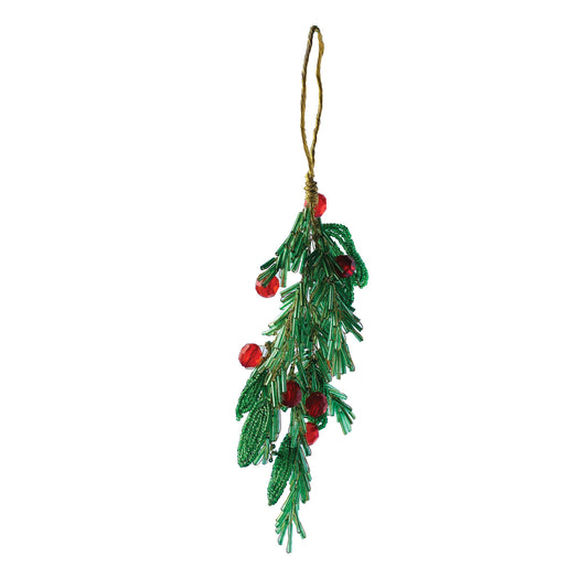 Glass Bead & Wire Mistletoe & Berries Ornament, Green, Red & Gold Finish