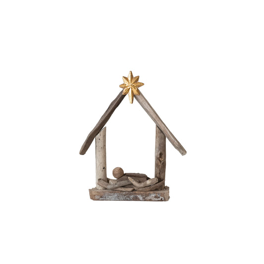 Handmade Driftwood & Acacia Wood Baby Jesus in Manger (Each Will Vary)