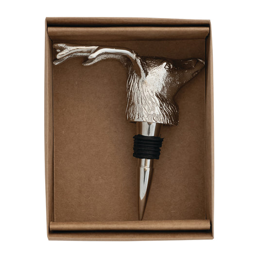 Cast Aluminum Deer Head Bottle Stopper in Kraft Box, Nickel Finish