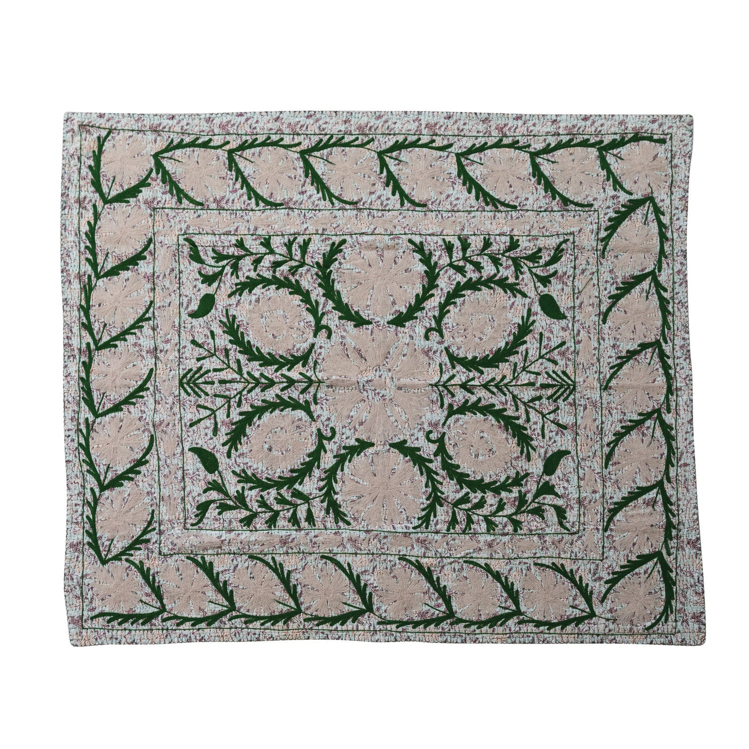 Voile Printed Throw with Suzani Pattern & Hand-Embroidered Kantha Stitch