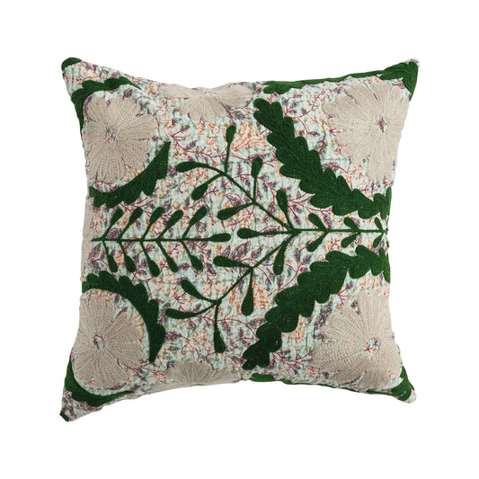 18" Square Cotton Voile Pillow with Hand-Embroidered Kantha Stitch