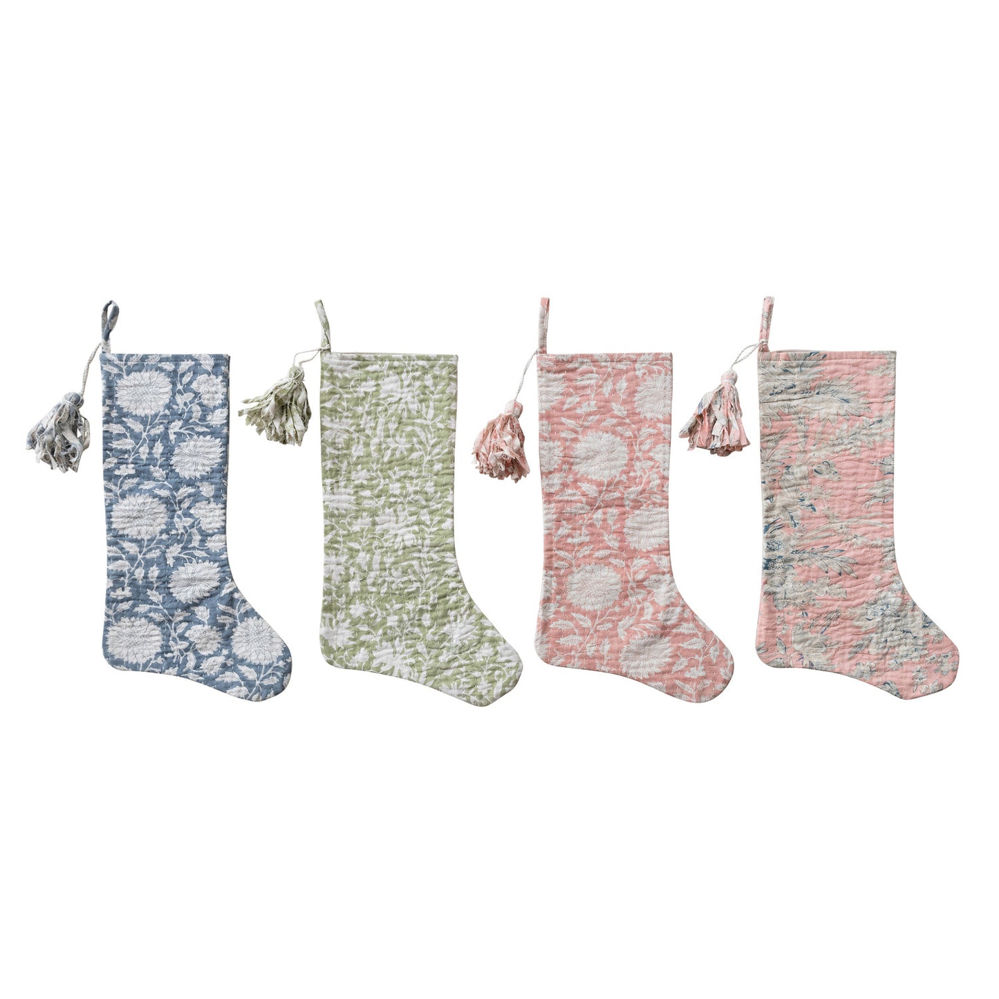 Toile Stocking with Flowers, Hand-Embroidered Kantha Stitch, 4 Styles