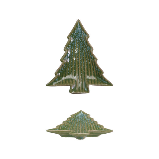 Stoneware Ribbed Tree Shaped Plate, Blue & Green (Each Will Vary)