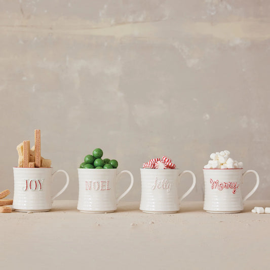 Embossed Stoneware Mug with Colored Rim