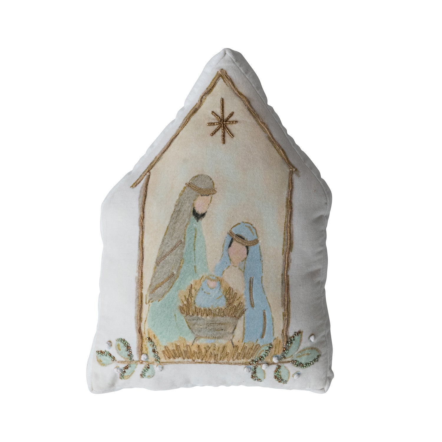 Hand-Embroidered Velvet Pillow with Holy Family, French Knots & Beads ©