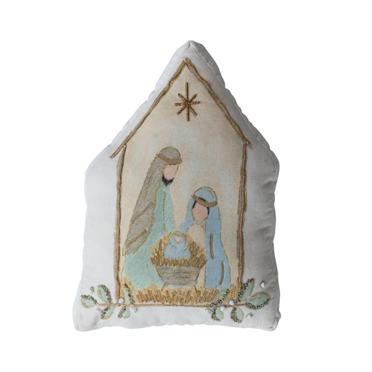 Hand-Embroidered Velvet Pillow with Holy Family, French Knots & Beads ©