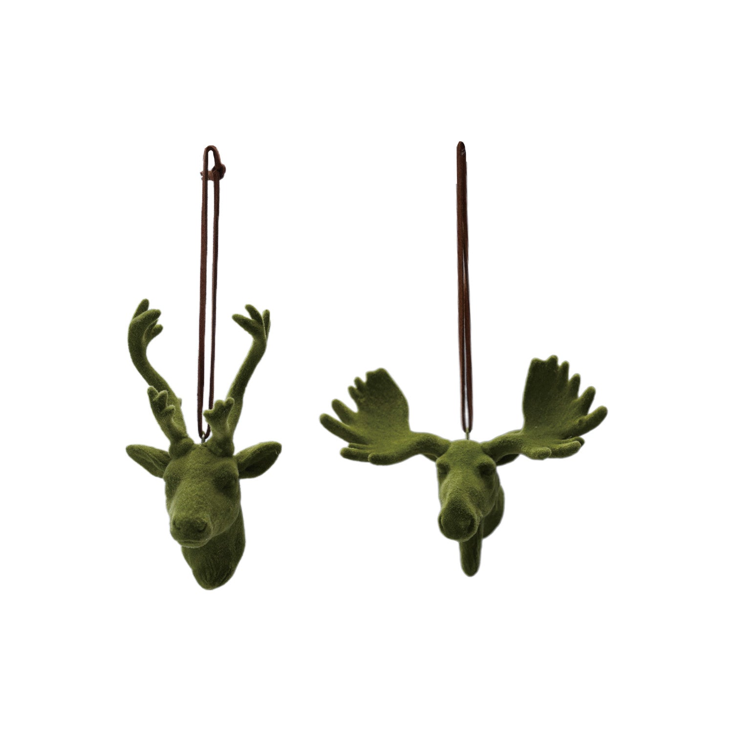 3-1/2"H - 4"H Flocked Resin Deer/Moose Ornament, Green, 2 Styles