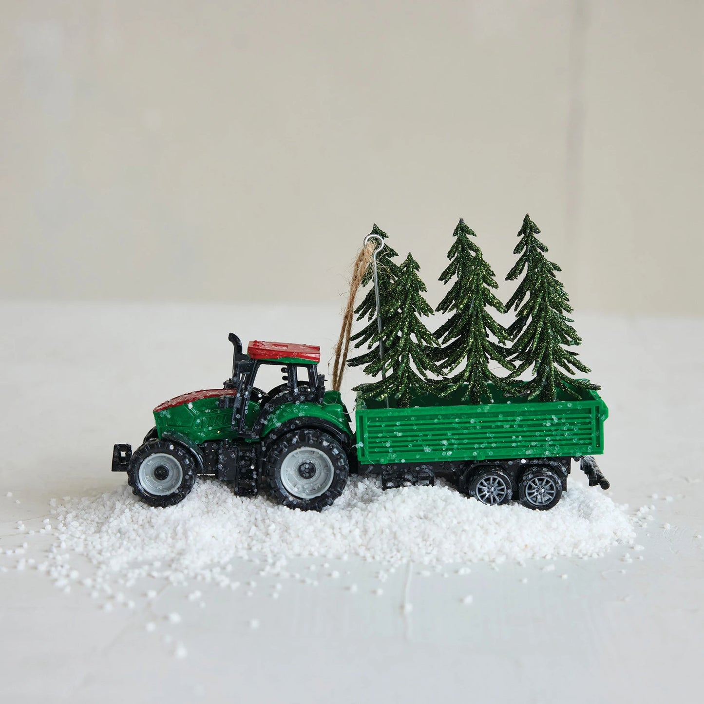 Plastic Tractor Ornament with Glitter Trees