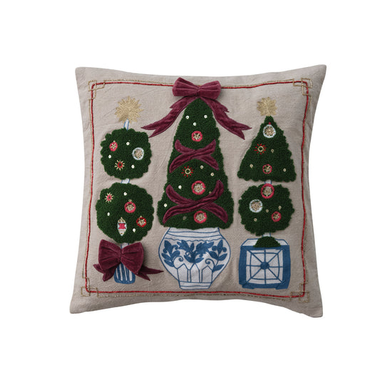 Square Cotton Chambray Pillow with Topiaries