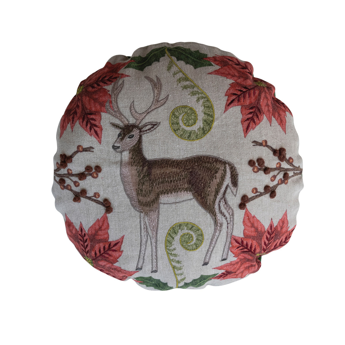Round Linen Printed Pillow with Seasonal Botanicals, Deer
