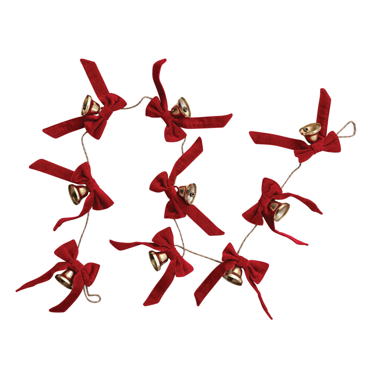 Metal Bell Garland with Cotton Velvet Bows, Gold Finish & Red