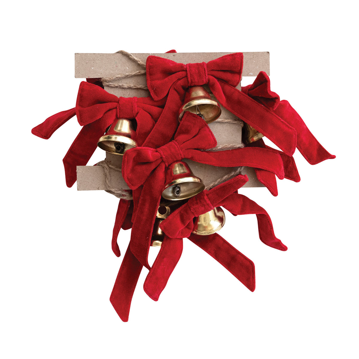 Metal Bell Garland with Cotton Velvet Bows, Gold Finish & Red