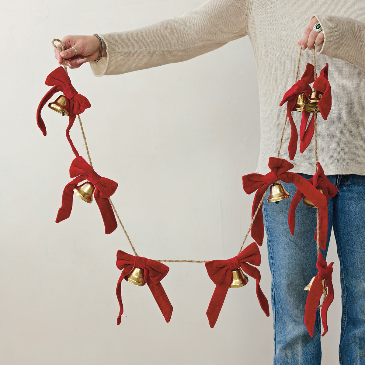 Metal Bell Garland with Cotton Velvet Bows, Gold Finish & Red